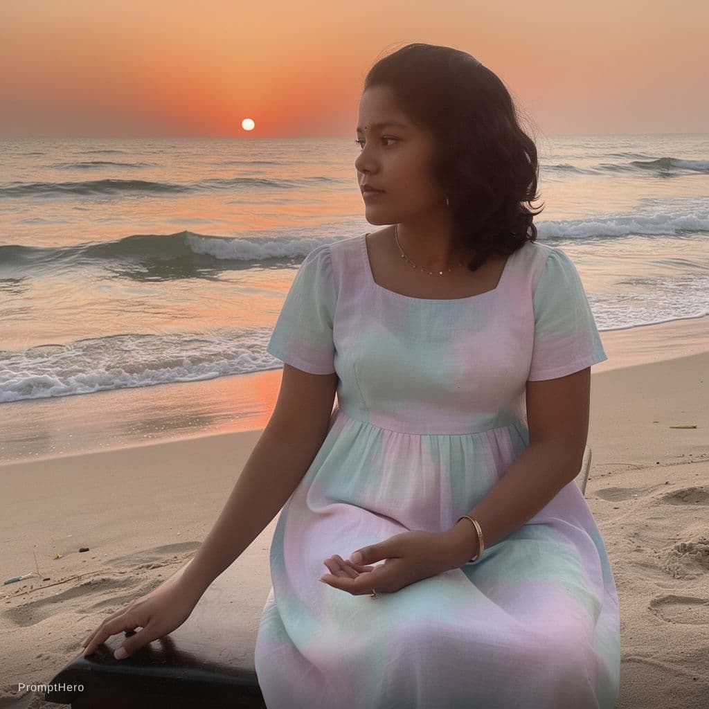 AI generated: A beautiful sunset in a beach and her in a bikini 