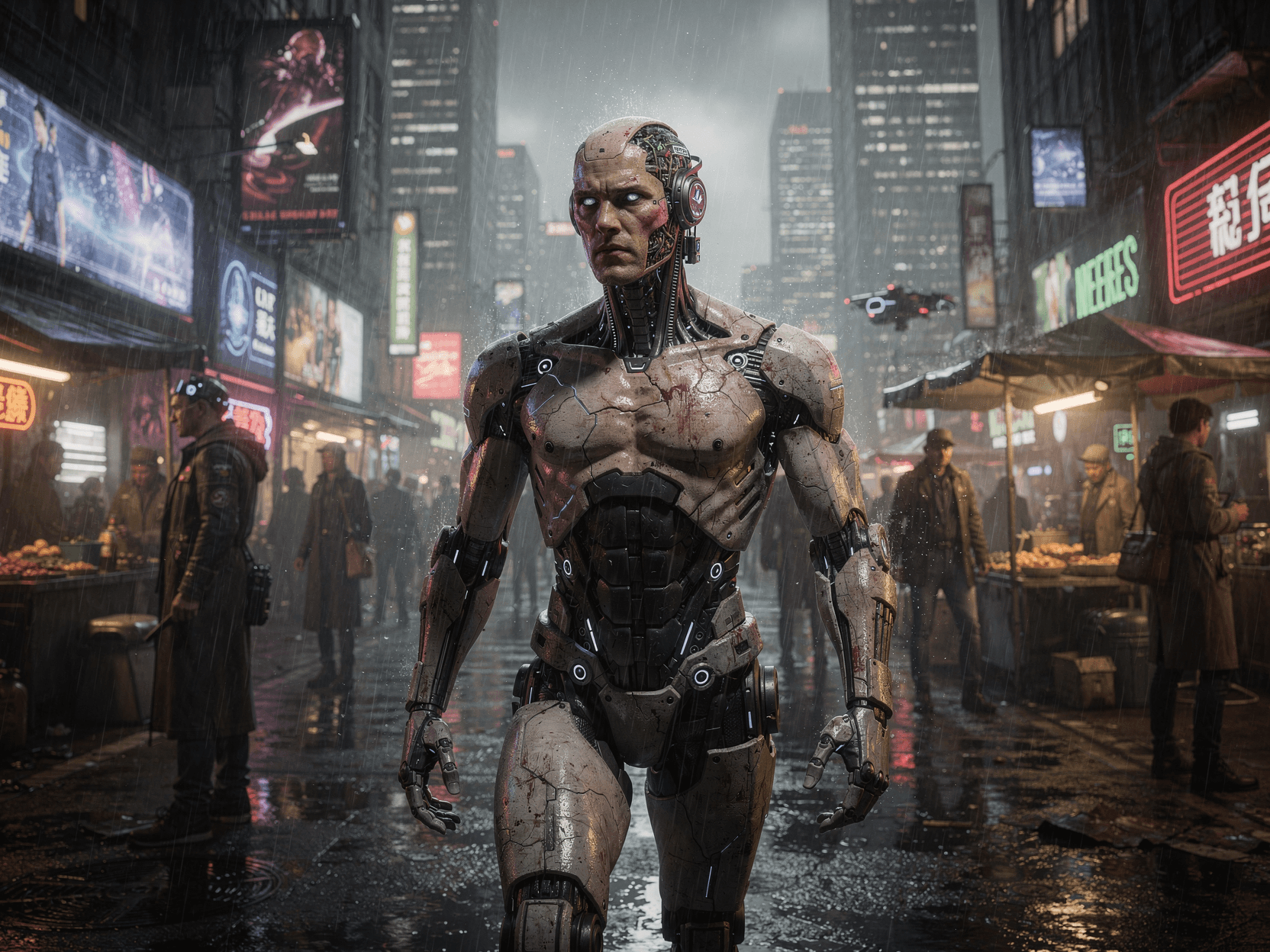 AI generated: Create an emotional dramatic dystopian image based on the movie Blade Runner. The image depicts a ba...