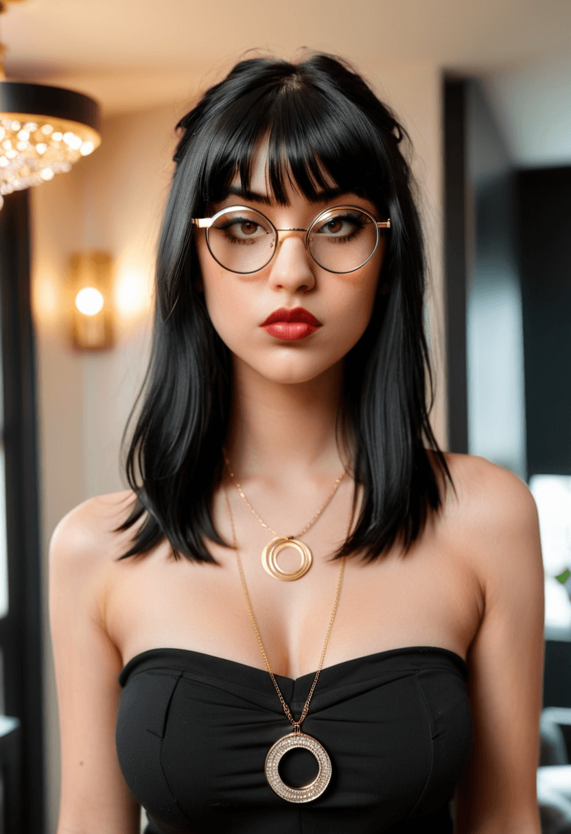 AI generated: photograph of a 25 year old woman with fair skin wearing circle glasses, long black hair with bangs,...