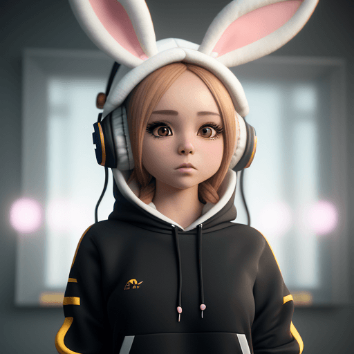 AI generated:  cute, chibi, bunny wearing a sport hoody  and headphones, showing actitute , 3d --ar 4:7 --v 5.2 oc...
