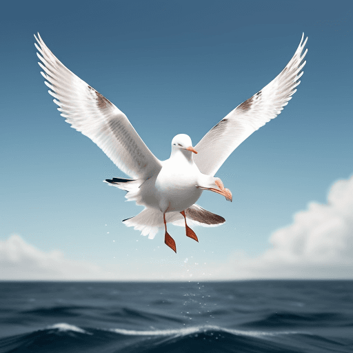 AI generated: Your task is to create an image of a beautiful seagull flying in the middle of the sea, with a radia...