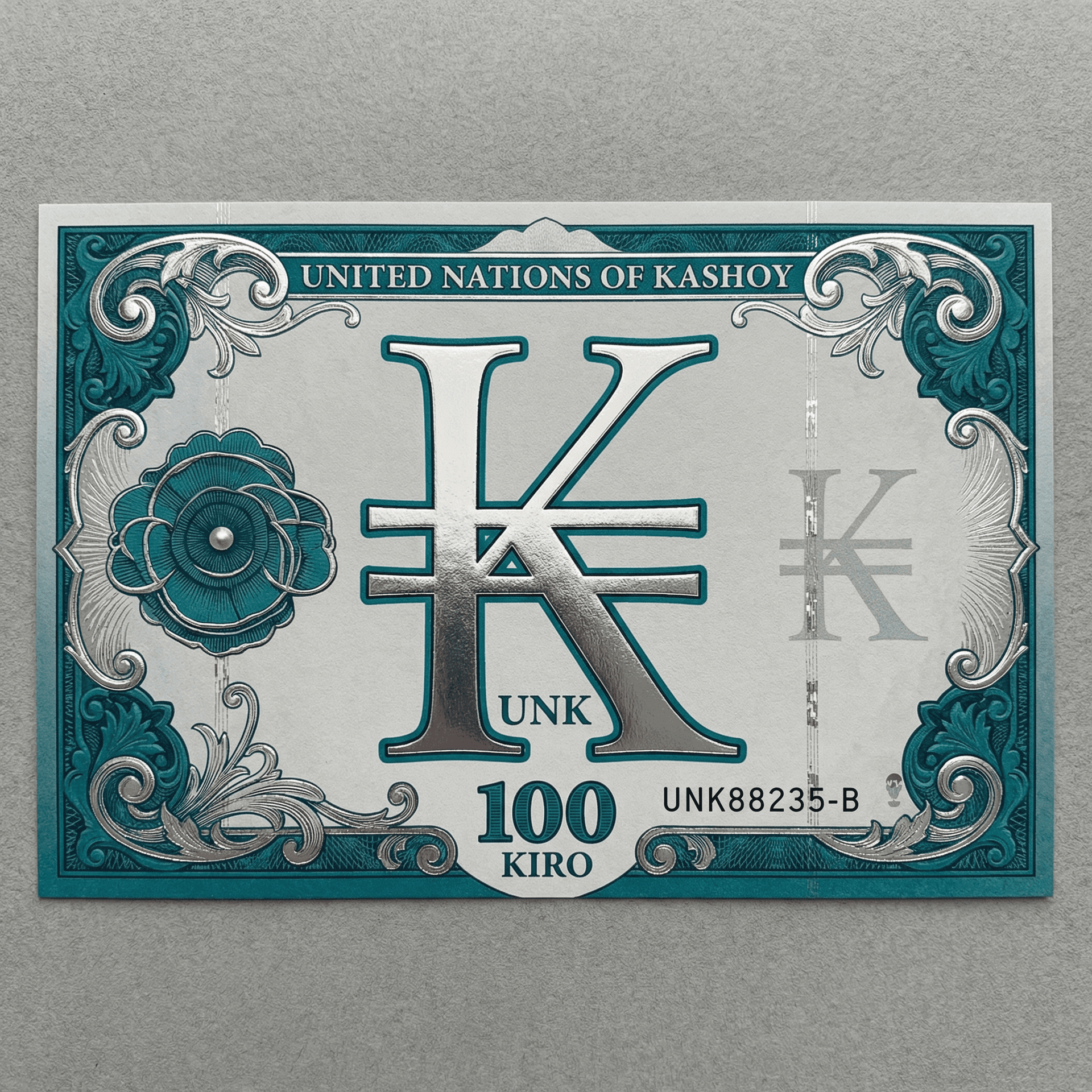 AI generated: Create a bill with the symbol that looks like a "K" with two horizontal lines crossed through it wit...