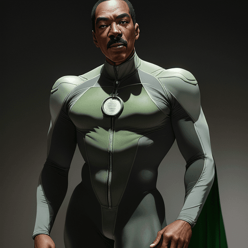 AI generated: EDDIE MURPHY IN A Green/grey spandex Meteor Man costume, grey spandex body suit, long sleeves. padde...