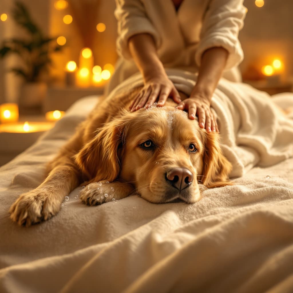 AI generated: In a luxury pet spa a cute Golden retriever dog lying on his stomach like a person on a massage tabl...