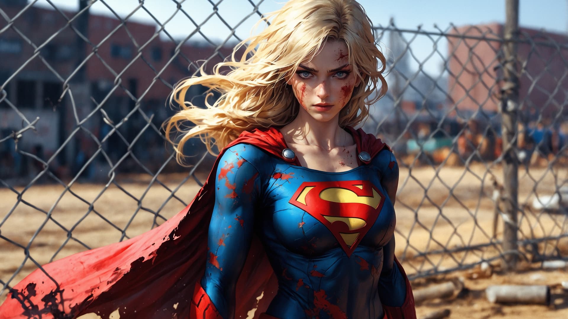 AI generated: Image is a stylized, high-contrast photograph featuring a woman dressed in a tattered superhero cost...