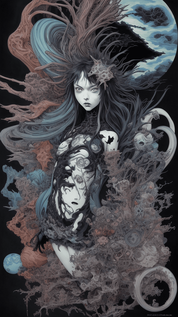 AI generated: complex layered cartoon by sagisawa fumika and by Gerald Brom, complex horizon , complex nvinkpunk b...