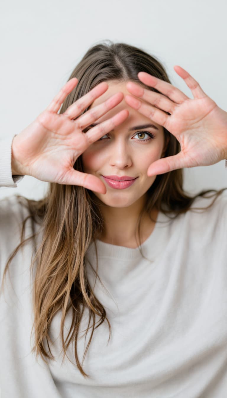 AI generated: woman standing with her hands in front of her eyes palms facing towards the viewer