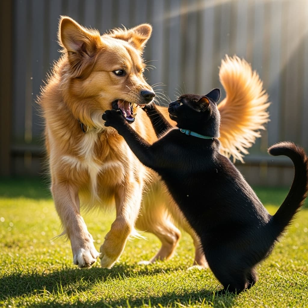 AI generated: create the image of dog fighting with cat