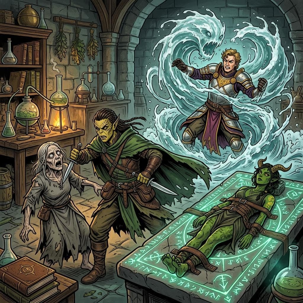 AI generated: a male githzerai ranger attacking with two daggers a blind old woman with no eyes while a noble knig...