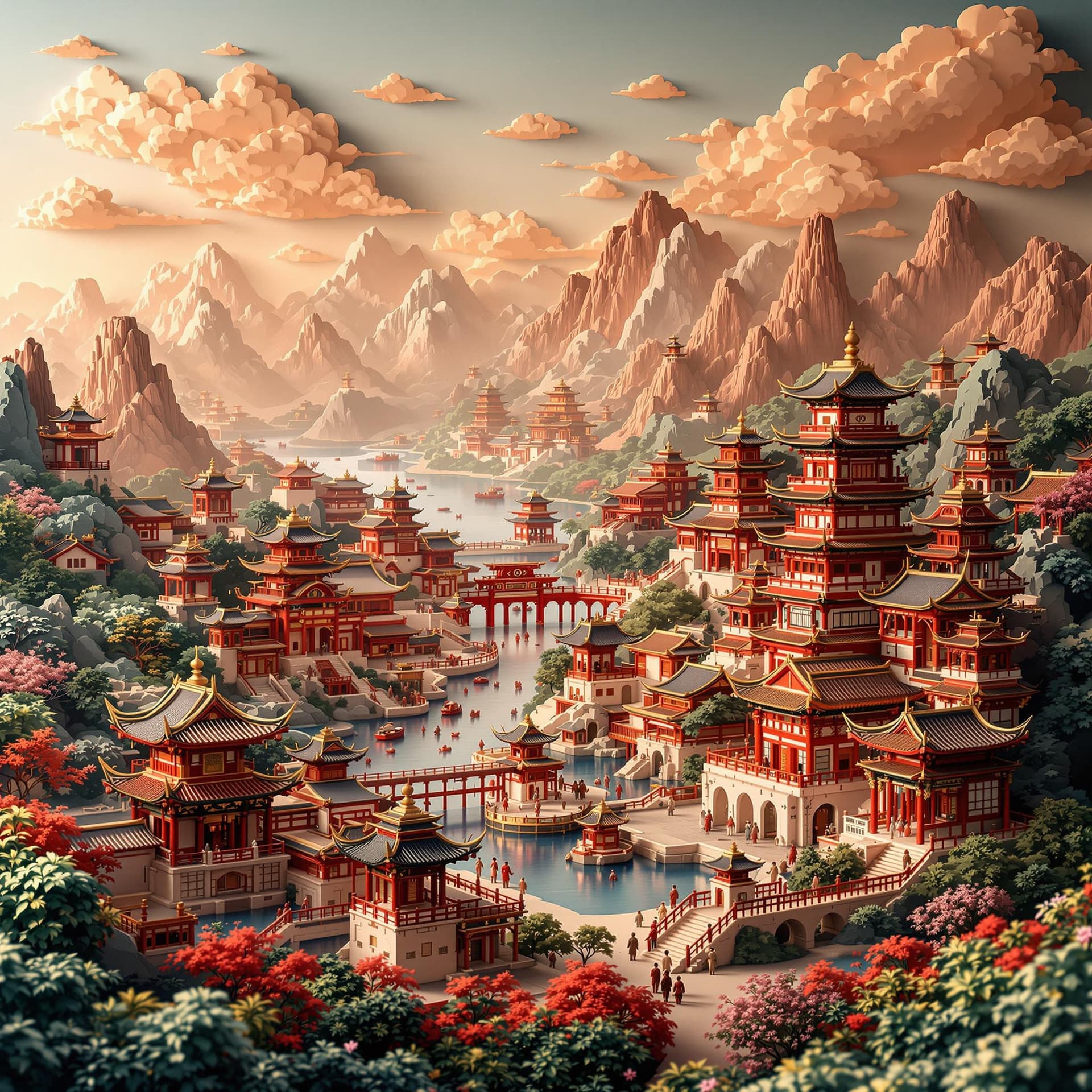 AI generated: Scenic view, ancient Chinese kingdom, papercraft style, intricate crafts, details of traditional Chi...