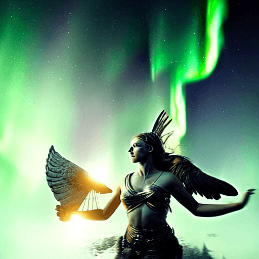 AI generated: A stunning portrait of a female valkyrie descending, aurora borealis in the background, centered| in...