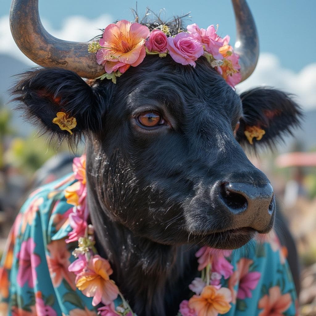 AI generated: Hawaiian artists, modern portrait series of a nelore cattle in colorful wear, in the style of aggres...