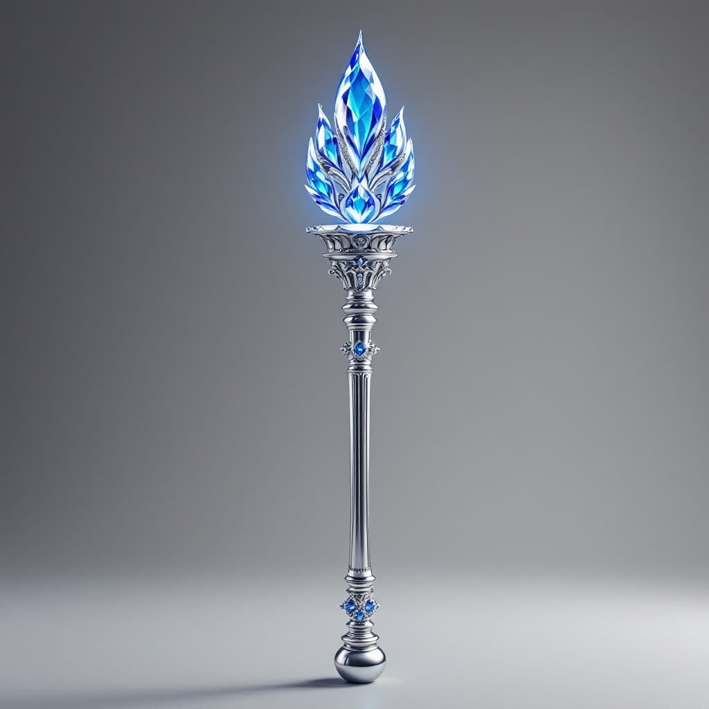 AI generated: Medium-short length, smooth, photo-realistic, royal, silver scepter, rounded silver bottom, multifac...