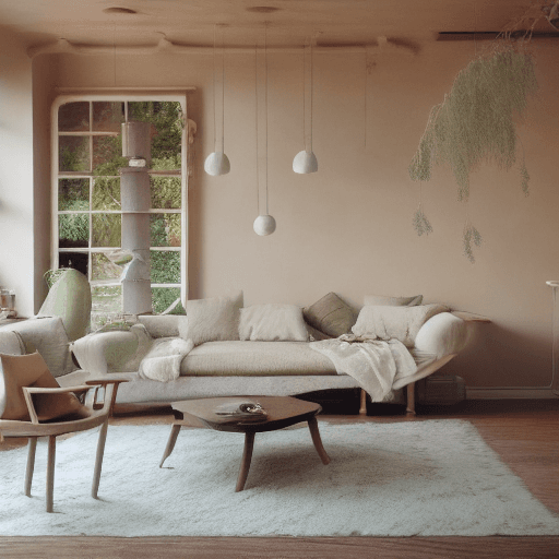 AI generated: High resolution photography interior design, dreamy sunken living room conversation pit, wooden floo...
