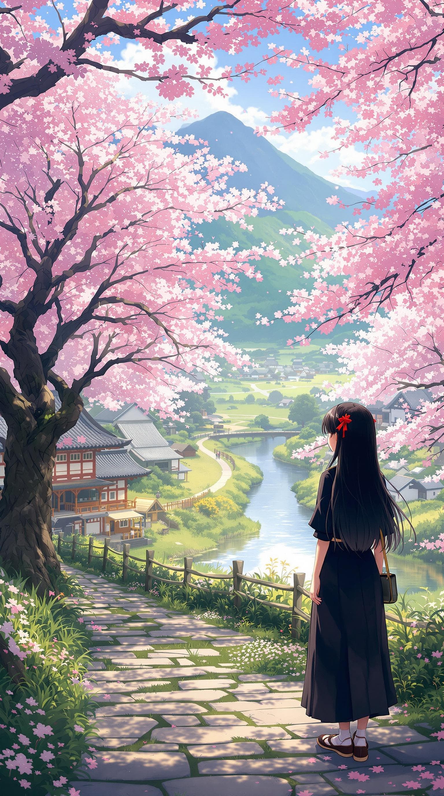 AI generated: anime, beautiful girl, japanese girl, long hair, black hair, wearing a black shirt, long skirt, look...