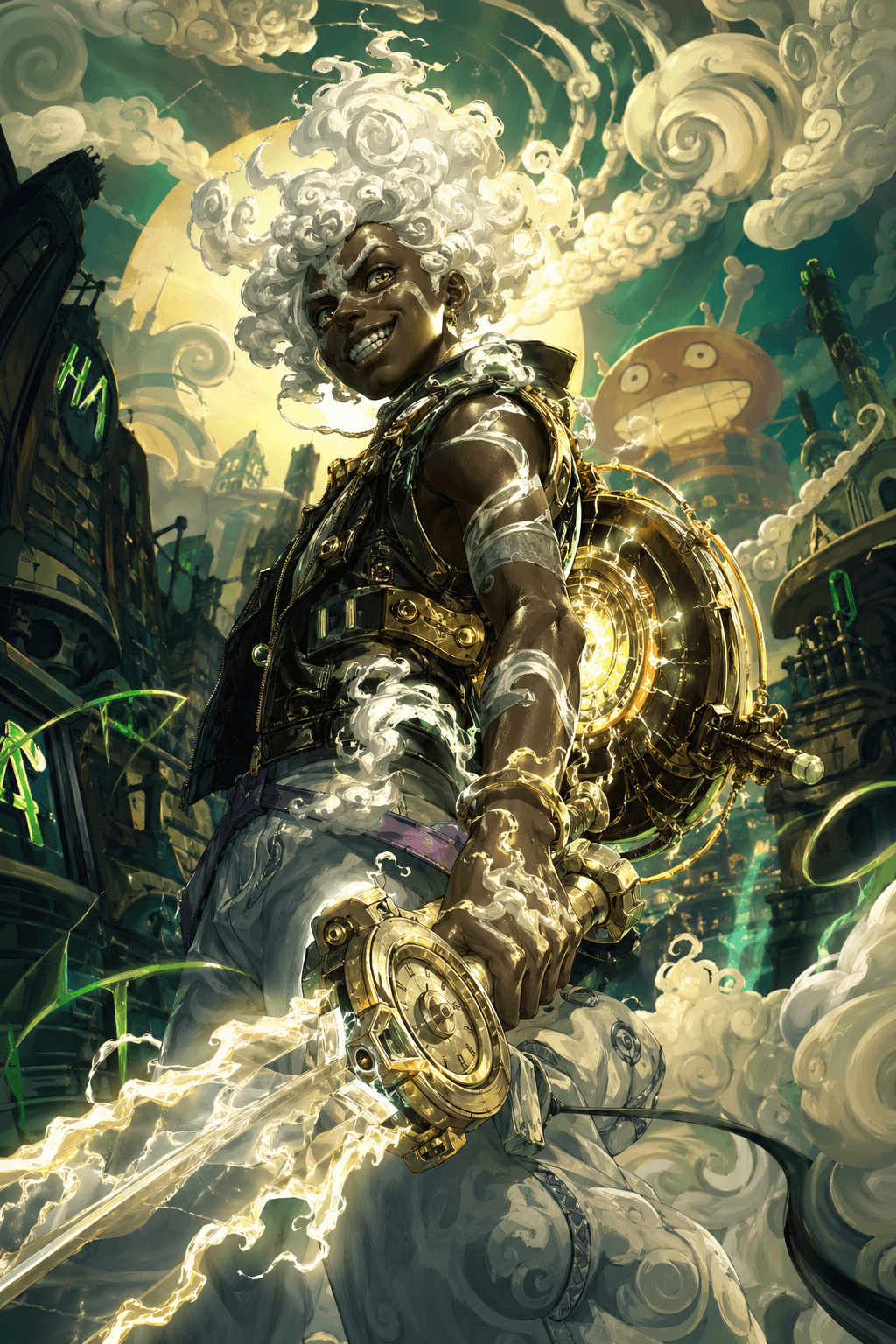 AI generated: Concept: A fusion of Ekko (LoL) and Sun God Nika (Gear 5). An ethereal youth with glowing white clou...