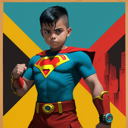 AI generated: an image of a boy dressed like a superhero with his fists and arm, in the style of chicano art, dark...