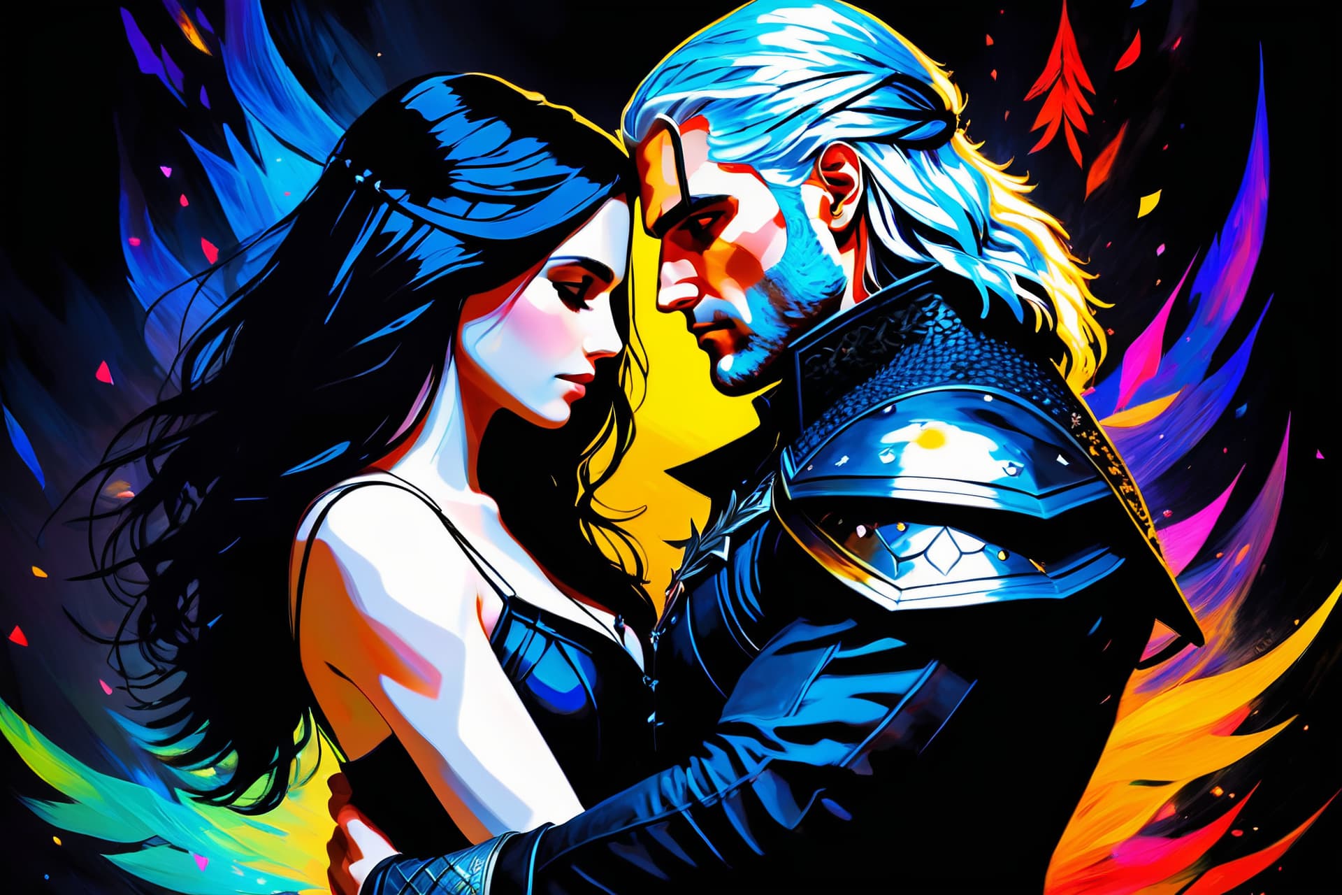 AI generated: masterpiece,best quality, abstract style Geralt and Yennefer from The Witcher 3 game, Geralt holding...