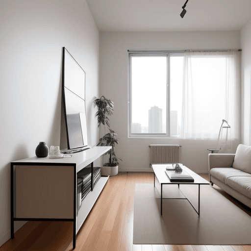 AI generated: photography, minimalism, front shot with eye level, full-frame DSLR, apartment living room, the colo...