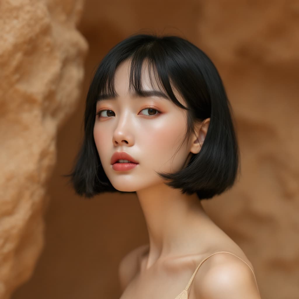 AI generated: Androgynous Asian woman with delicate, sharp features, seen from the shoulders up in a soft three-qu...
