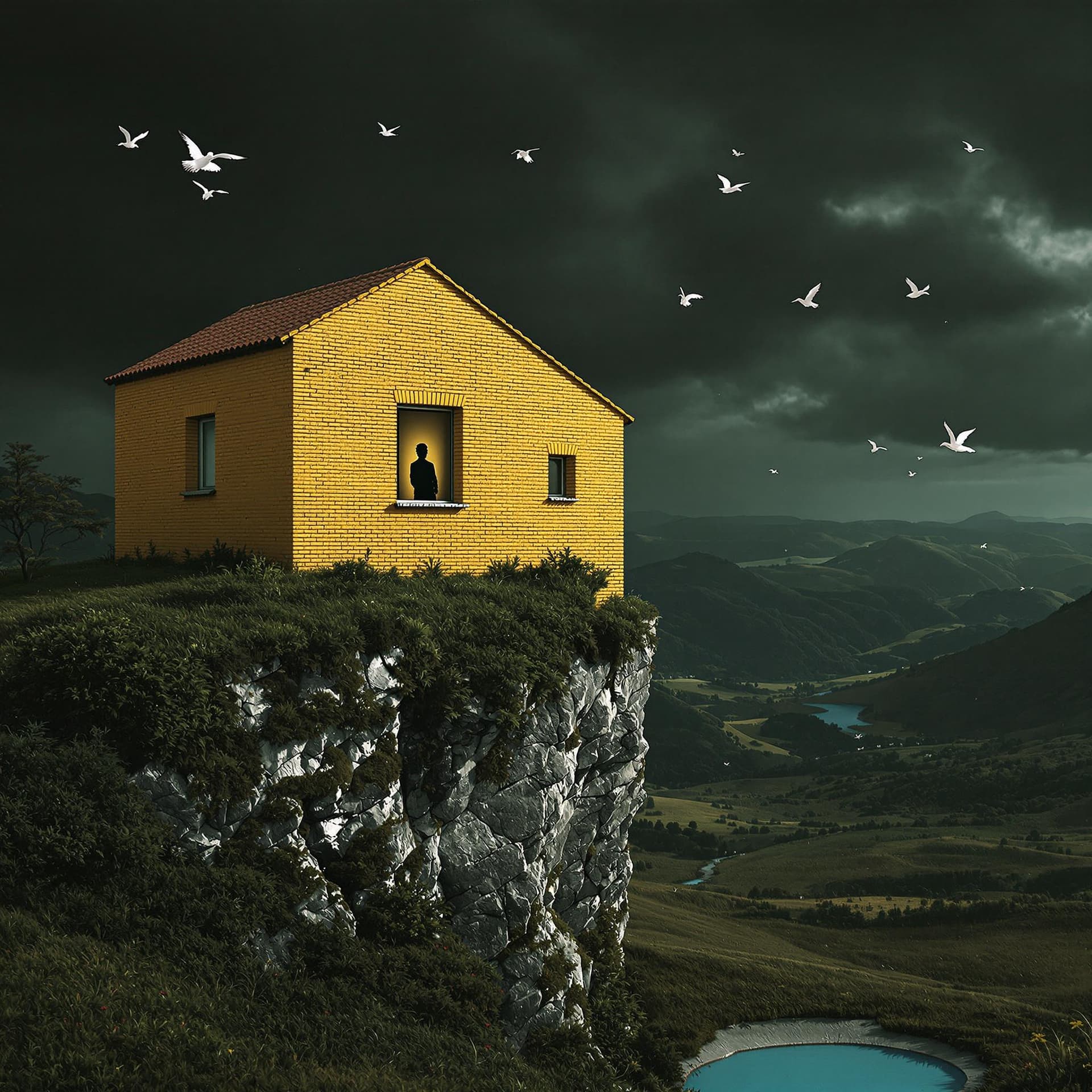 AI generated: Hyper realistic exterior photo of a (((yellow bricks))) house on a cliff, over a green valley, Stati...