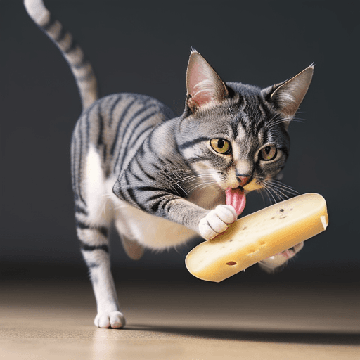 AI generated: Photo of a ultra realistic cat chasing a mouse with cheese in it's mouth