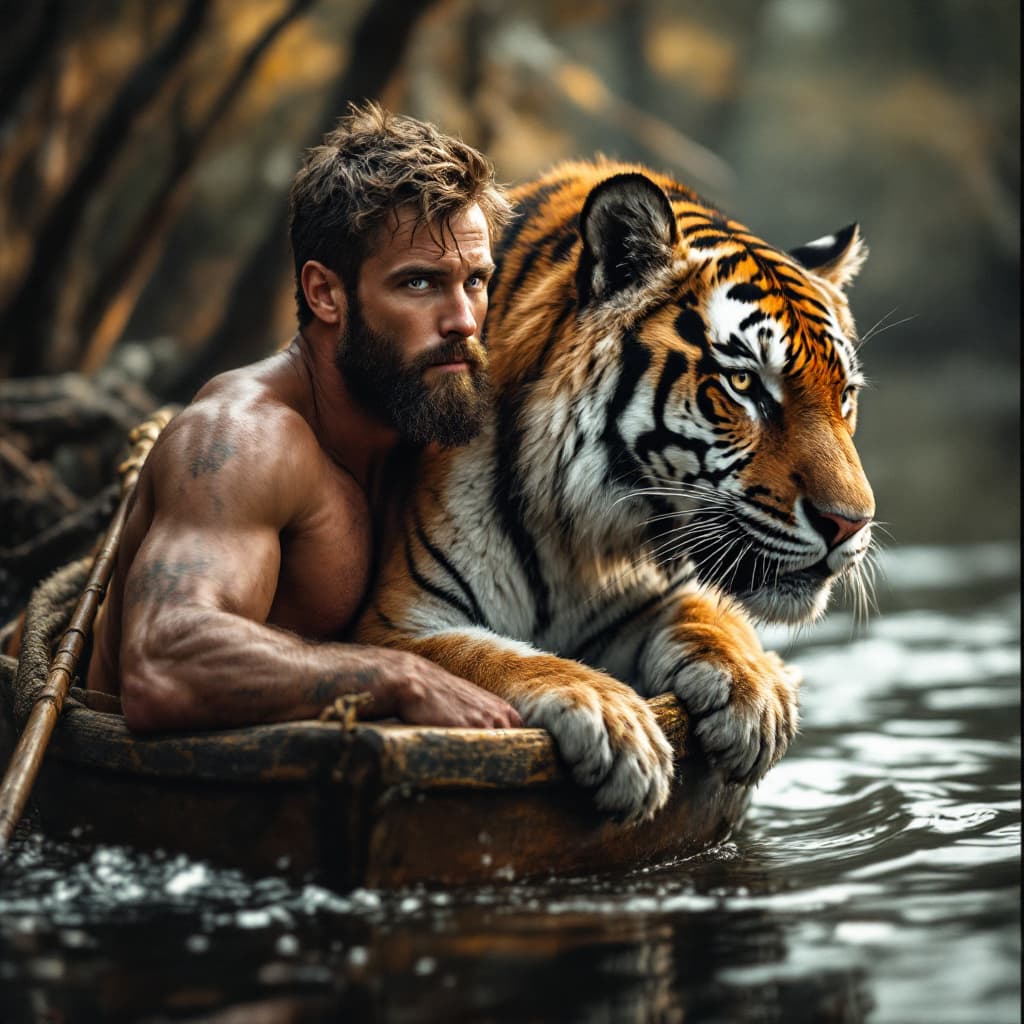 AI generated: A man in boat with tiger ..