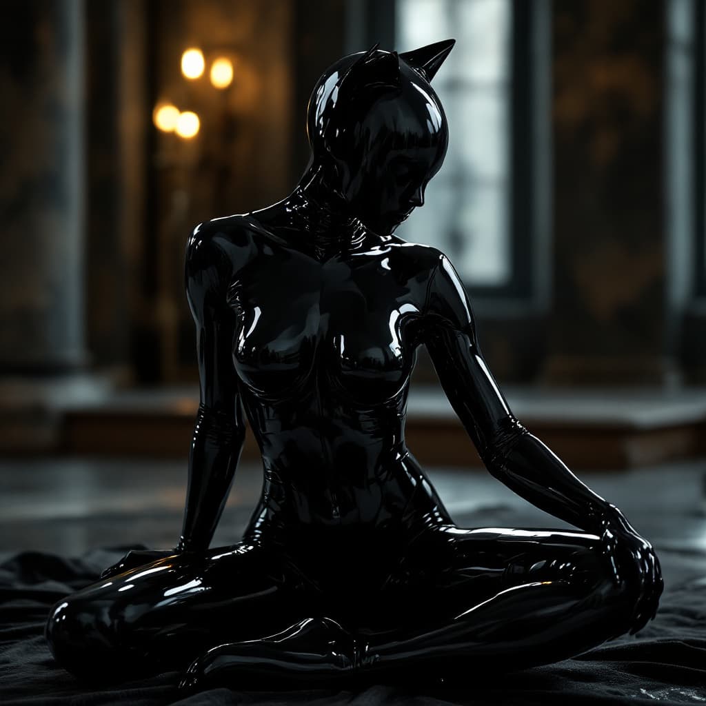 AI generated: passionate athletic ballerina showing off in shiny black transparent latex, in the style of bold dom...
