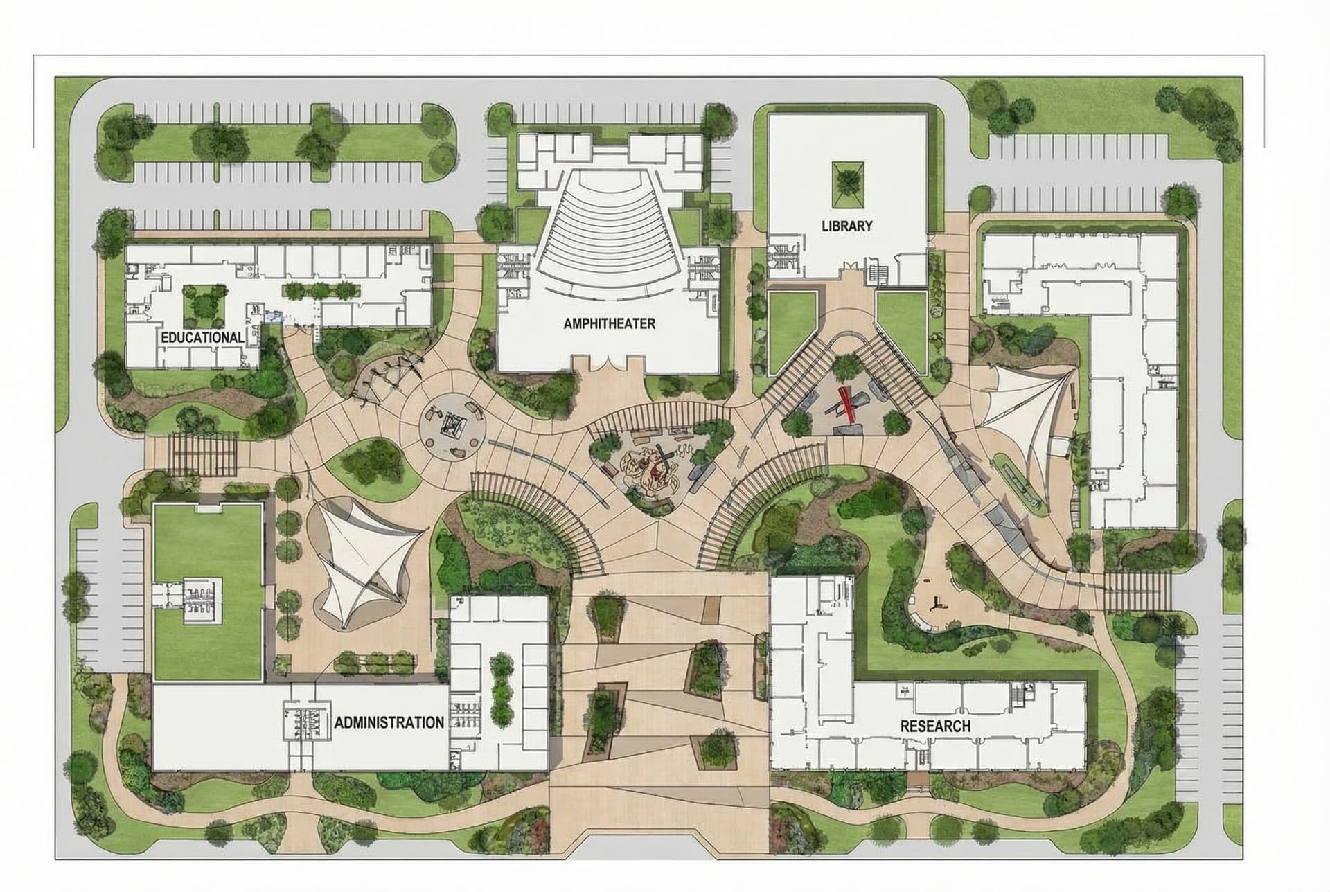 AI generated: Overhead architectural plan of a modern RESEARCH CENTER featuring buildings labeled 'Educational,' '...