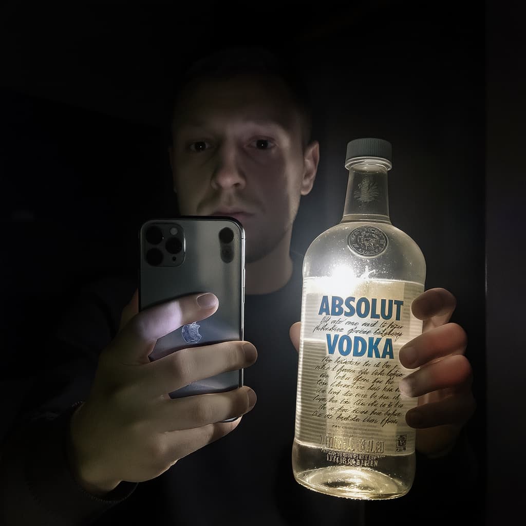 AI generated: holding a 1/2 gallon Absolut vodka bottle, iPhone selfie dark room