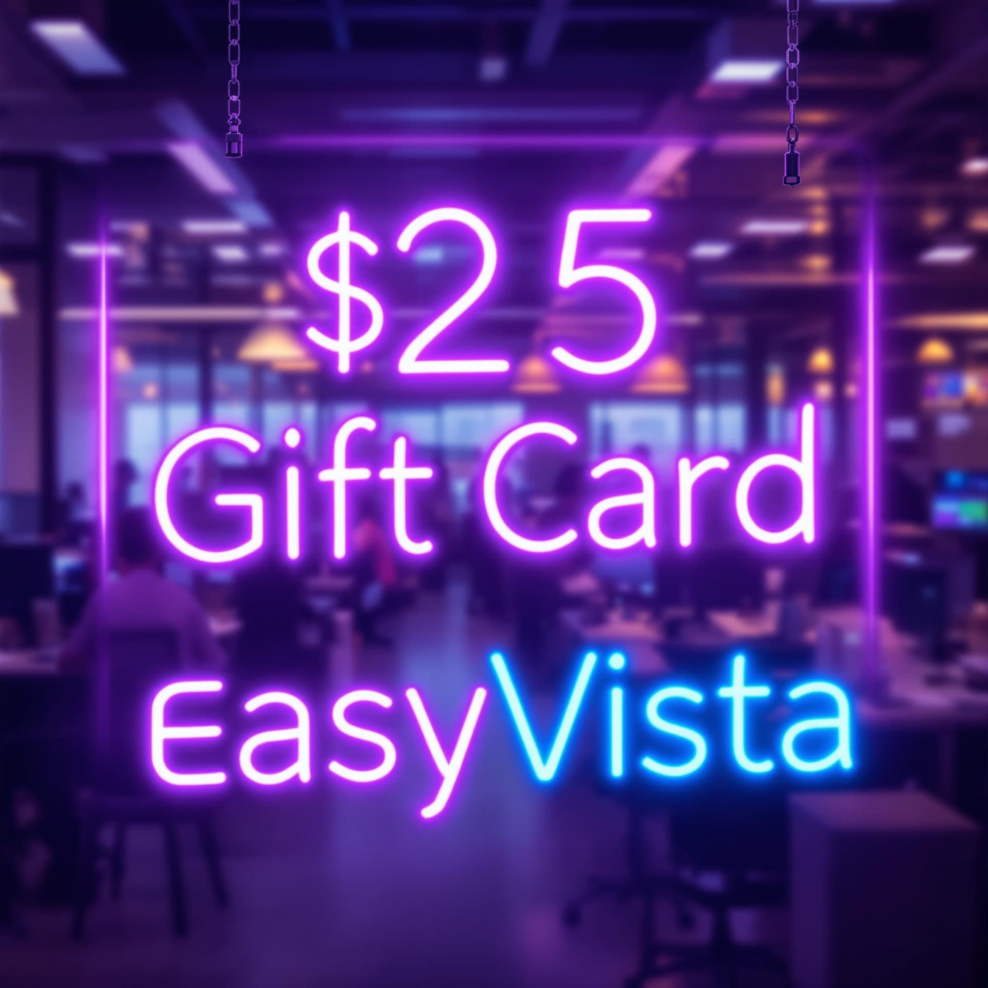 AI generated: Create an image of a vibrant neon sign that reads "$25 Gift Card" " EasyVista" in bright purple lett...