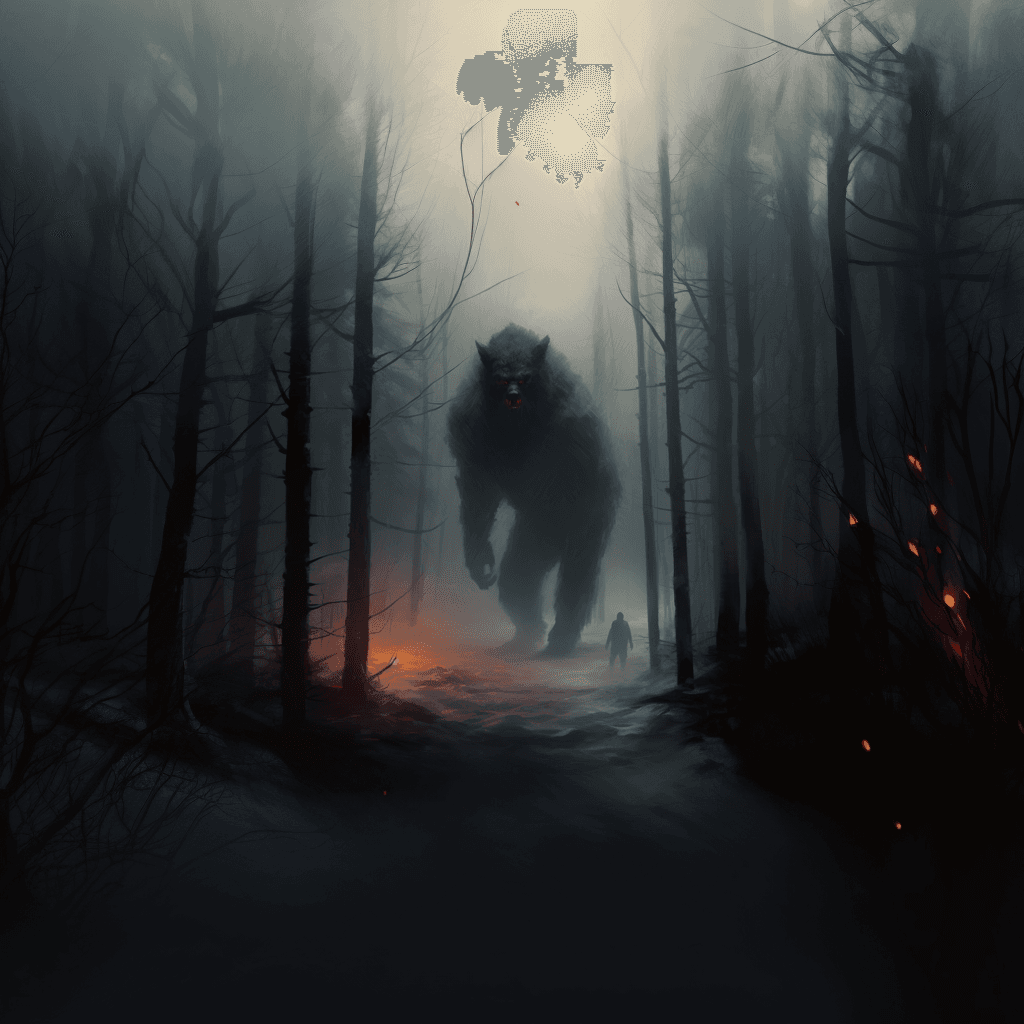 AI generated: a huge werewolf coming out of the forest, red luminous eyes, fog, gloomy, early morning, dampness, f...