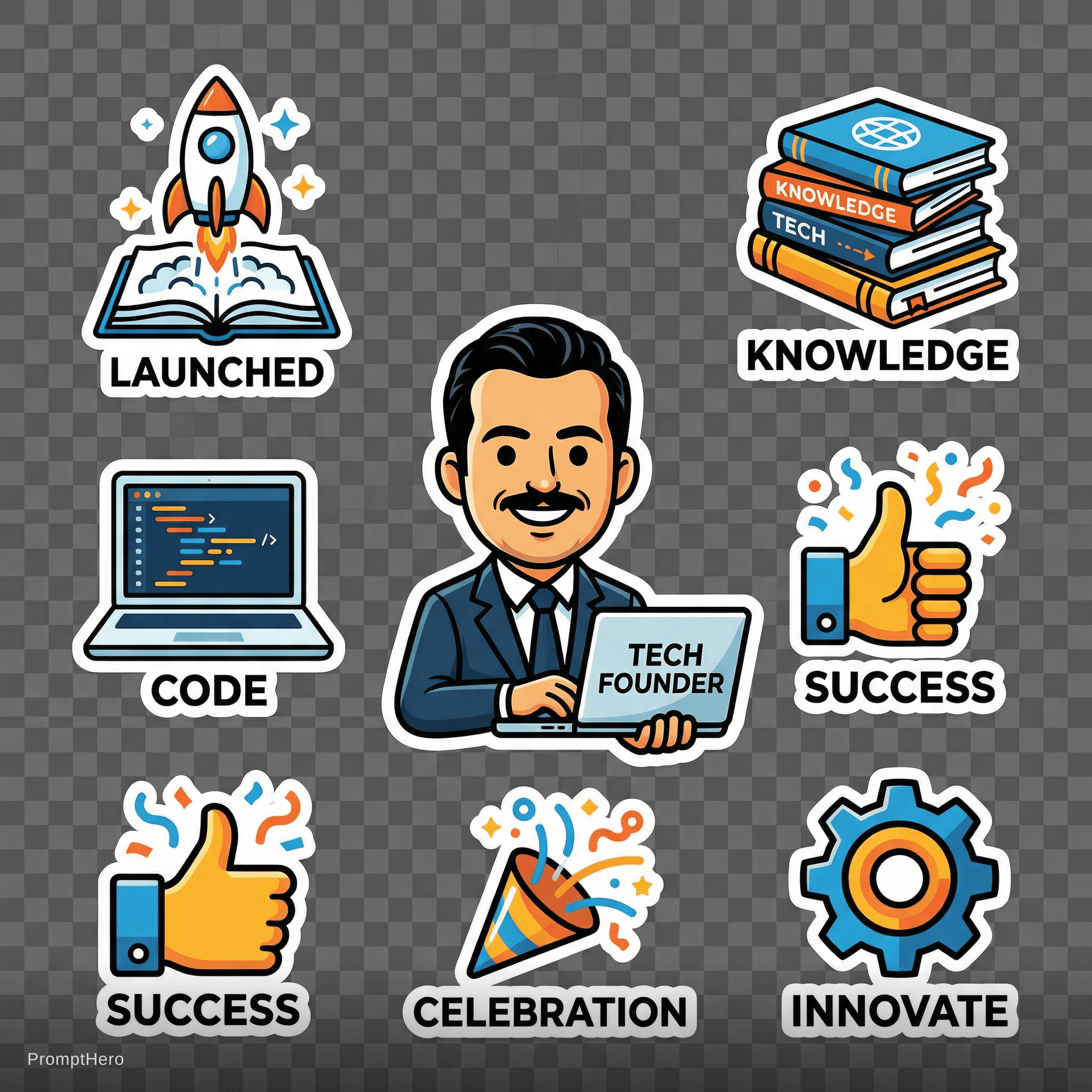 AI generated: tech startup stickers based on the uploaded logo, books ships, laptops, celebration emojis, modern m...