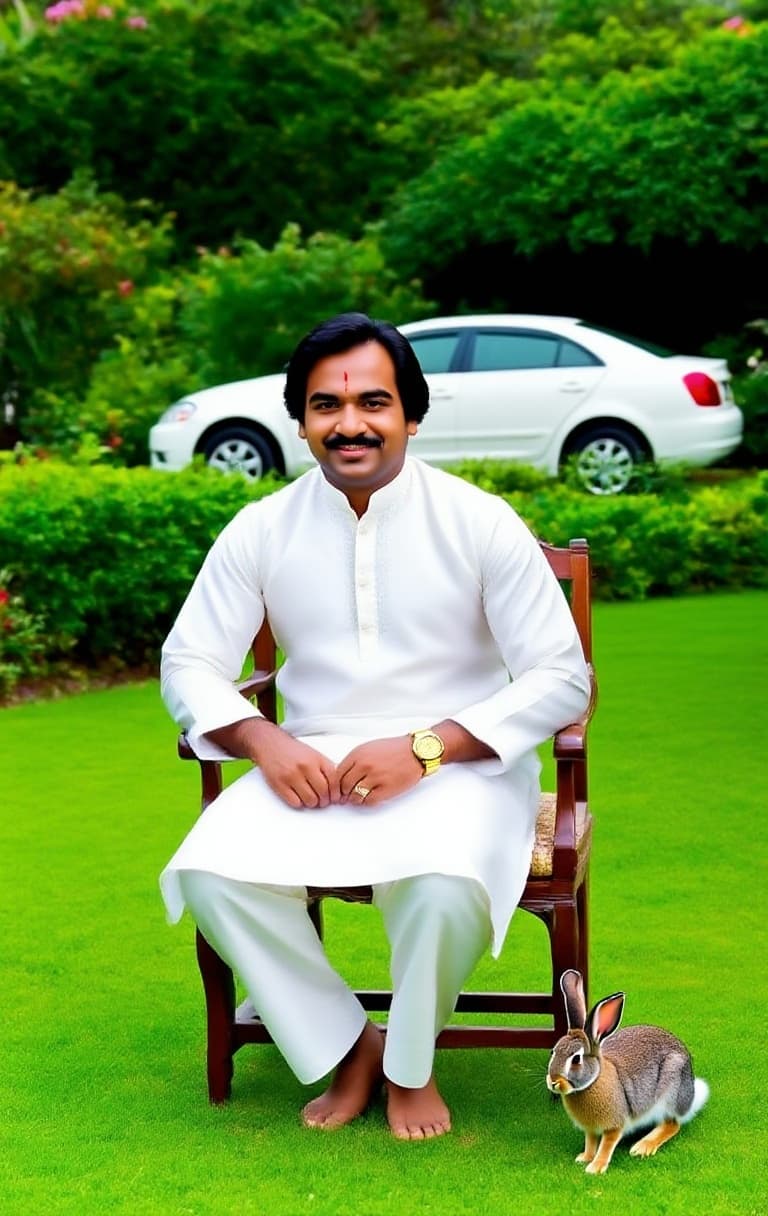 AI generated: A ultra Realistic man Sitting on chair in green
garden very big, Wearing White Punjabi clothes
wit...