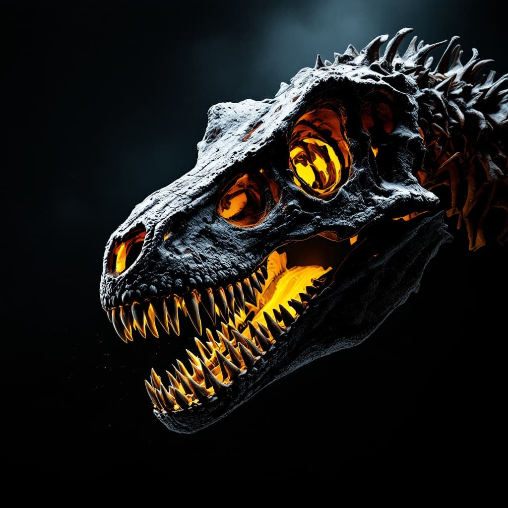 AI generated: T rex skull, dramatic lighting, dynamic pose
