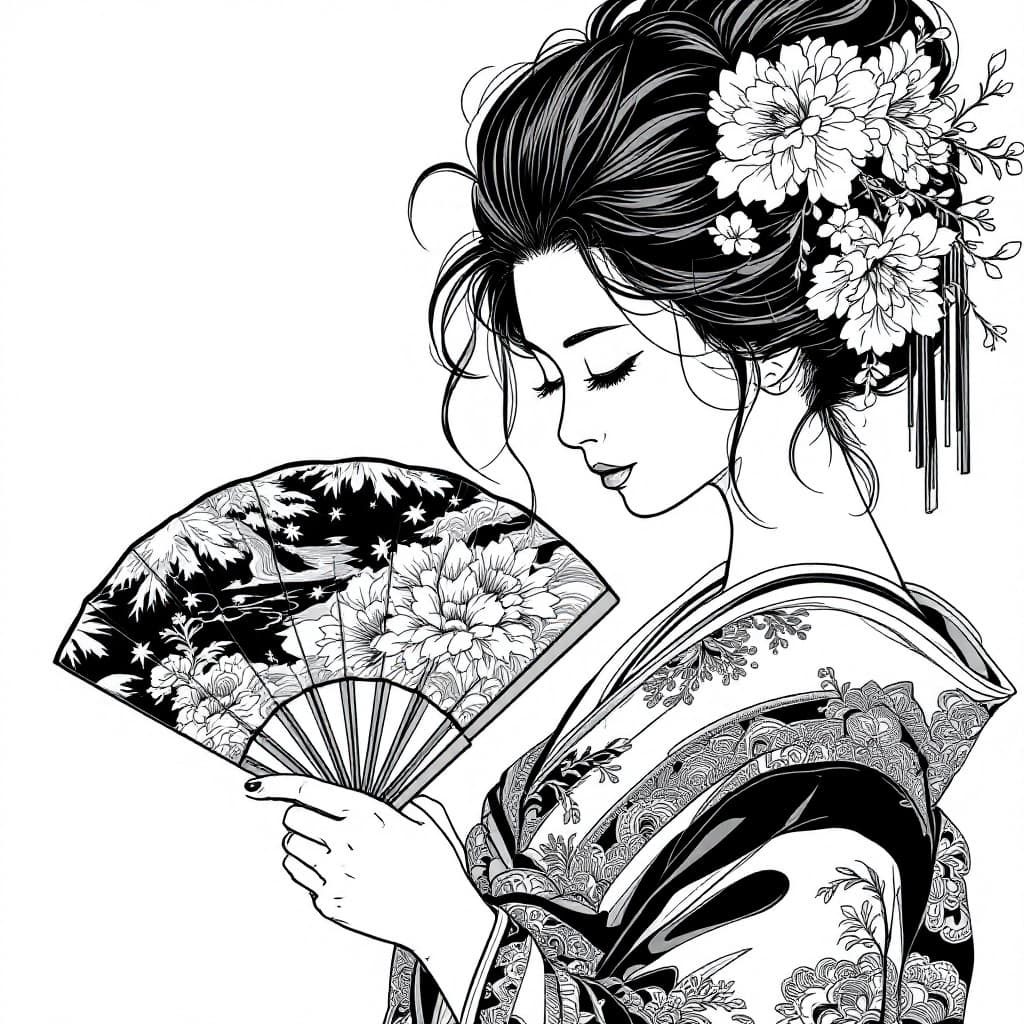 AI generated: beautiful geisha holding an oriental fan, Geisha is a profile and looking down. Geisha's hair has a ...