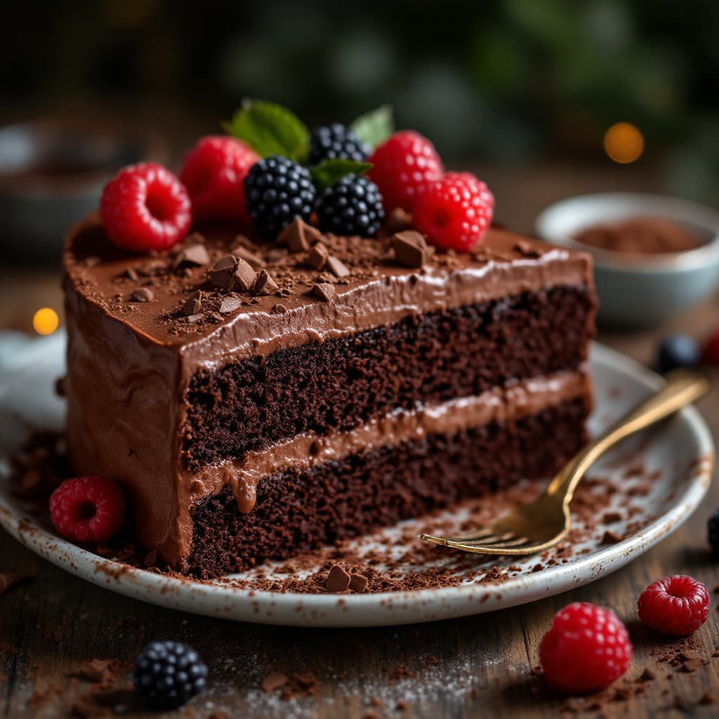 AI generated: rich chocolate cake, ultra-detailed, gooey chocolate frosting, decadent layers, a sprinkle of chocol...