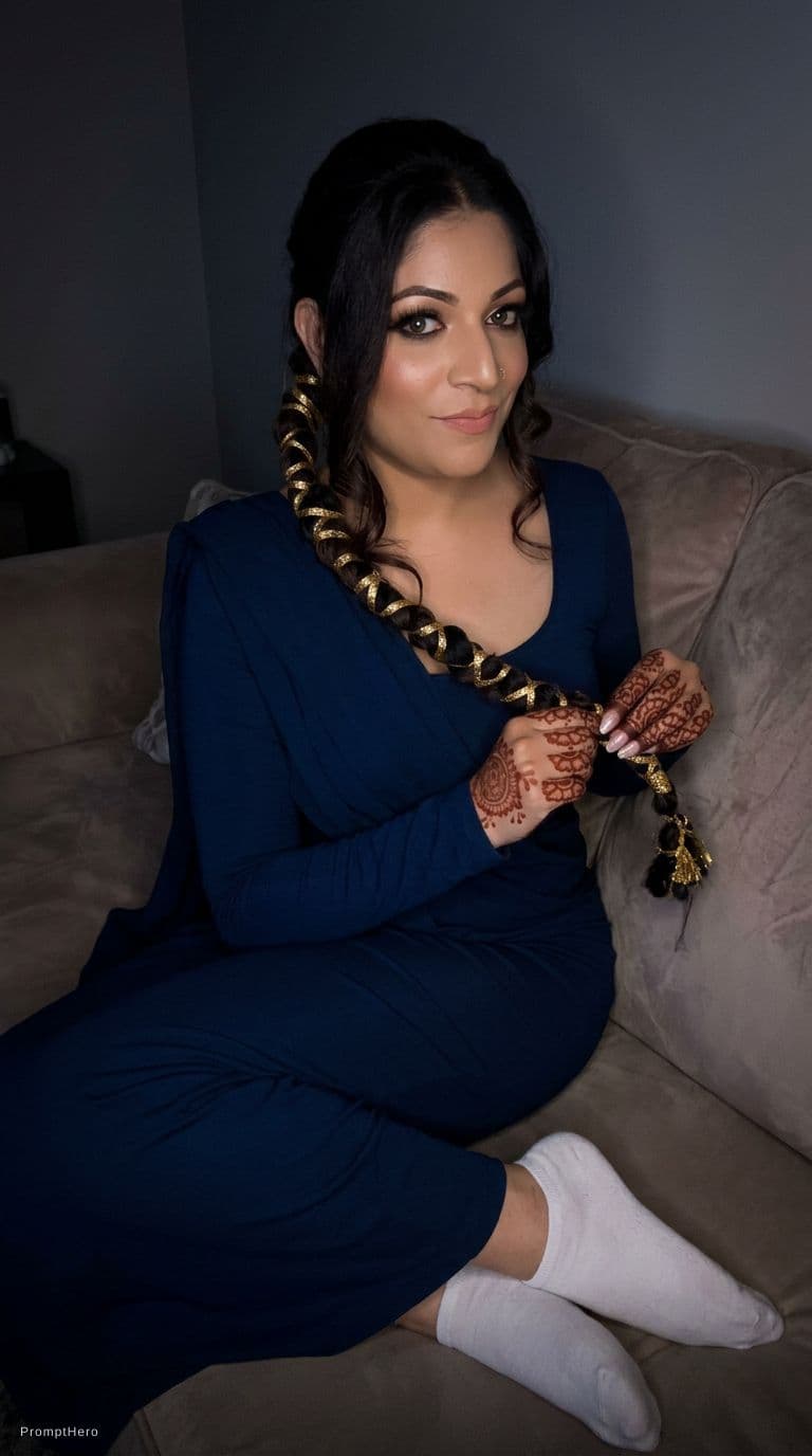 AI generated: looking at me. Sitting on a couch at night(no lights), wearing same (little cleavage) bodycon saree ...