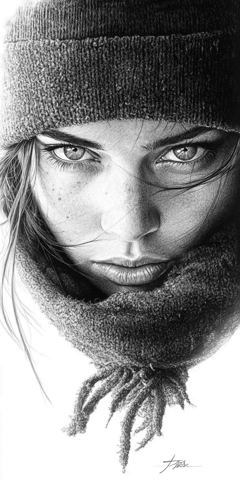 AI generated: An expressionist charcoal sketch, a stunningly beautiful woman with piercing blue-green eyes, bold, ...