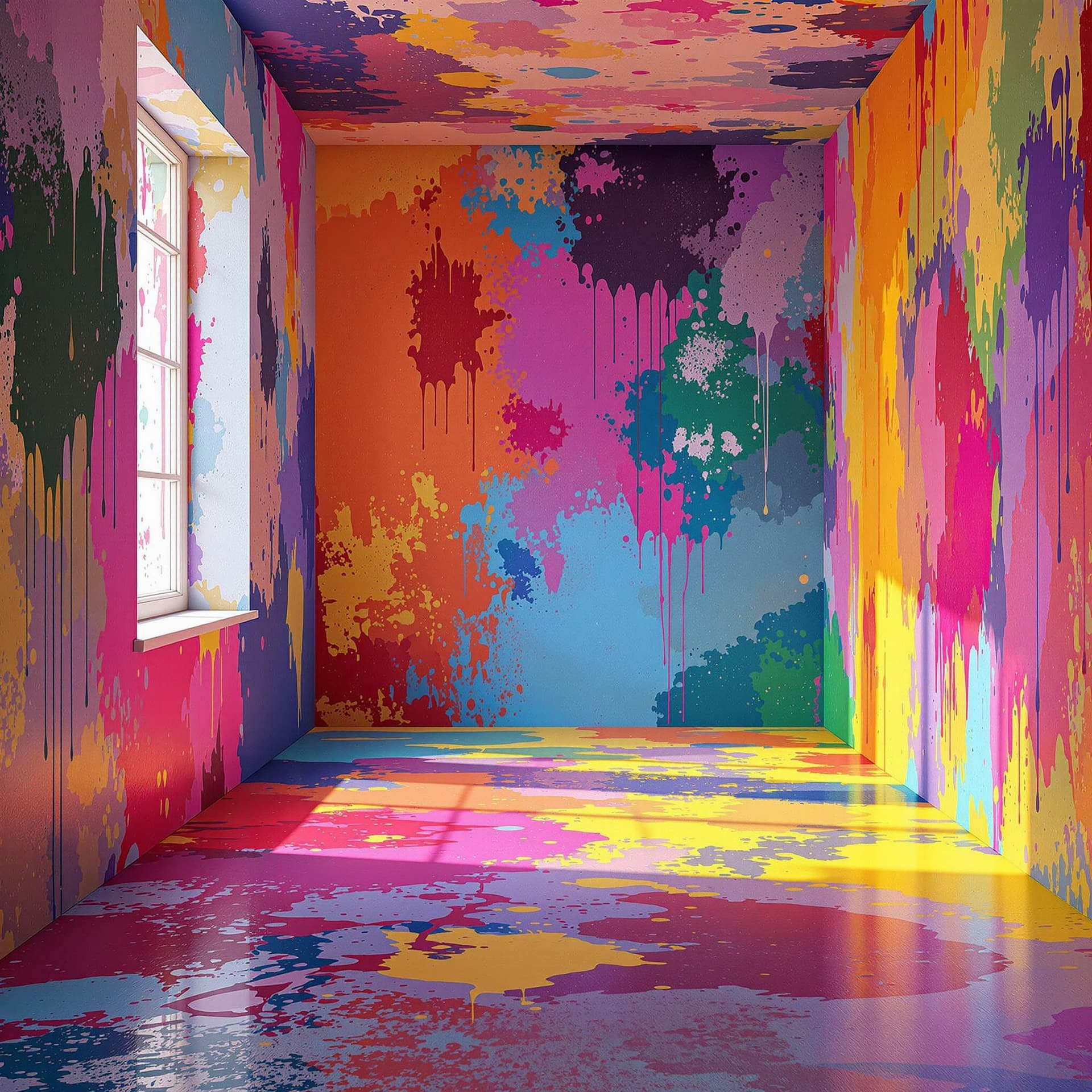 AI generated: empty colorful abstract room with 4 walls no windows or doors only walls, colorful paint spills on t...