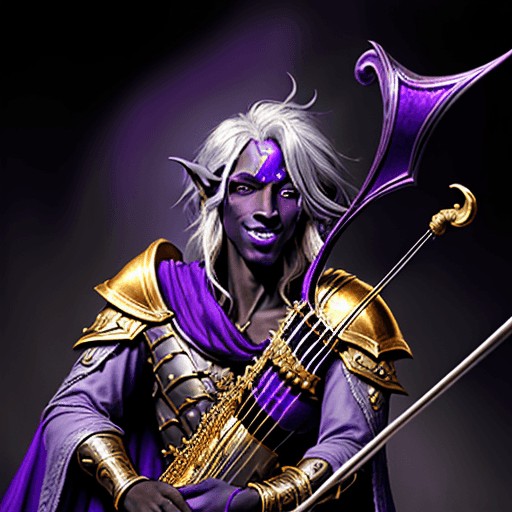 AI generated: Dungeons and Dragons 5e Male Half-Drow Bard, dark-purple skin, chaotic neutral, airbrushed fantasy a...