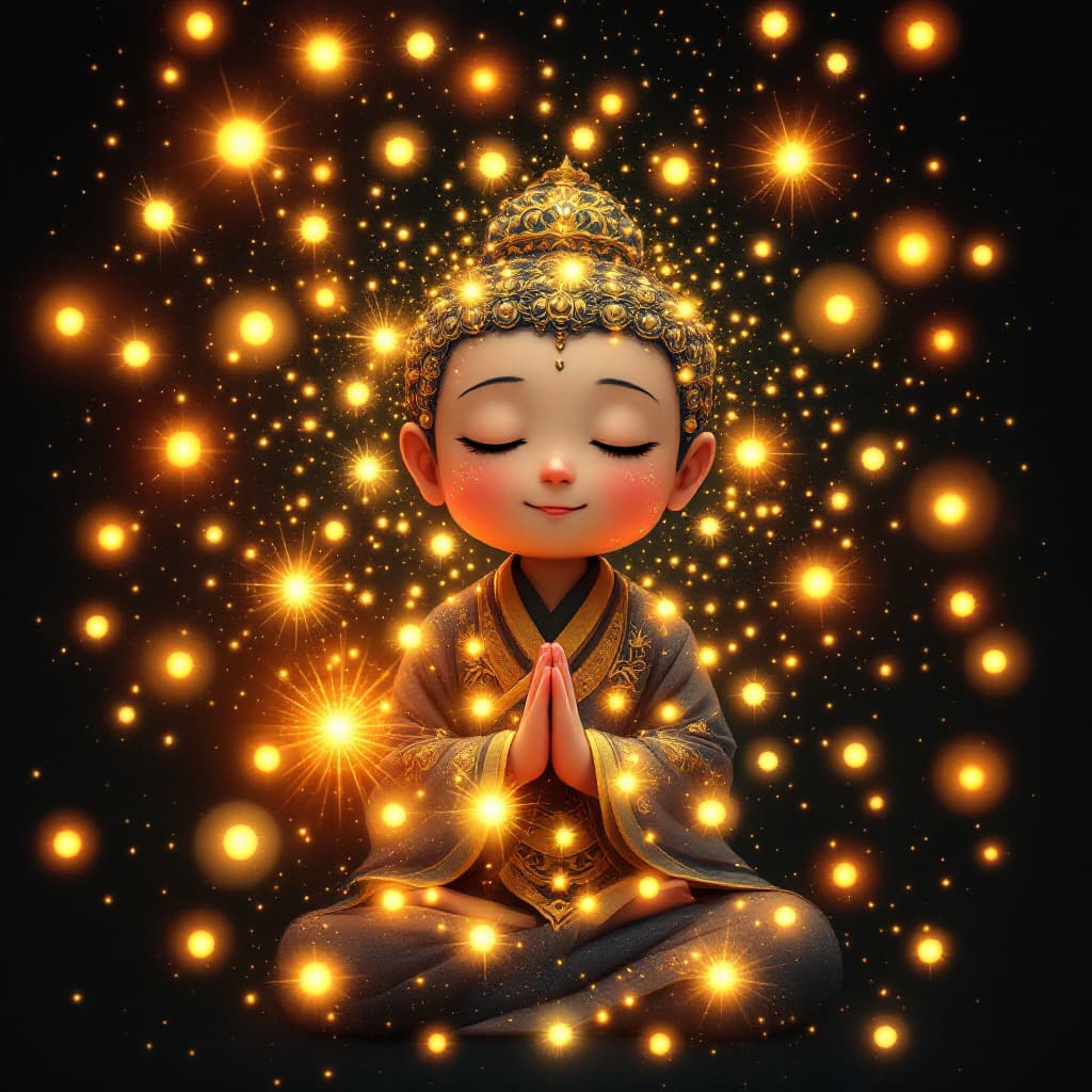 AI generated: A Klimt-style Art Nouveau Japanese-rendered cartoon of a Chinese little Taoist priest, kind and comp...