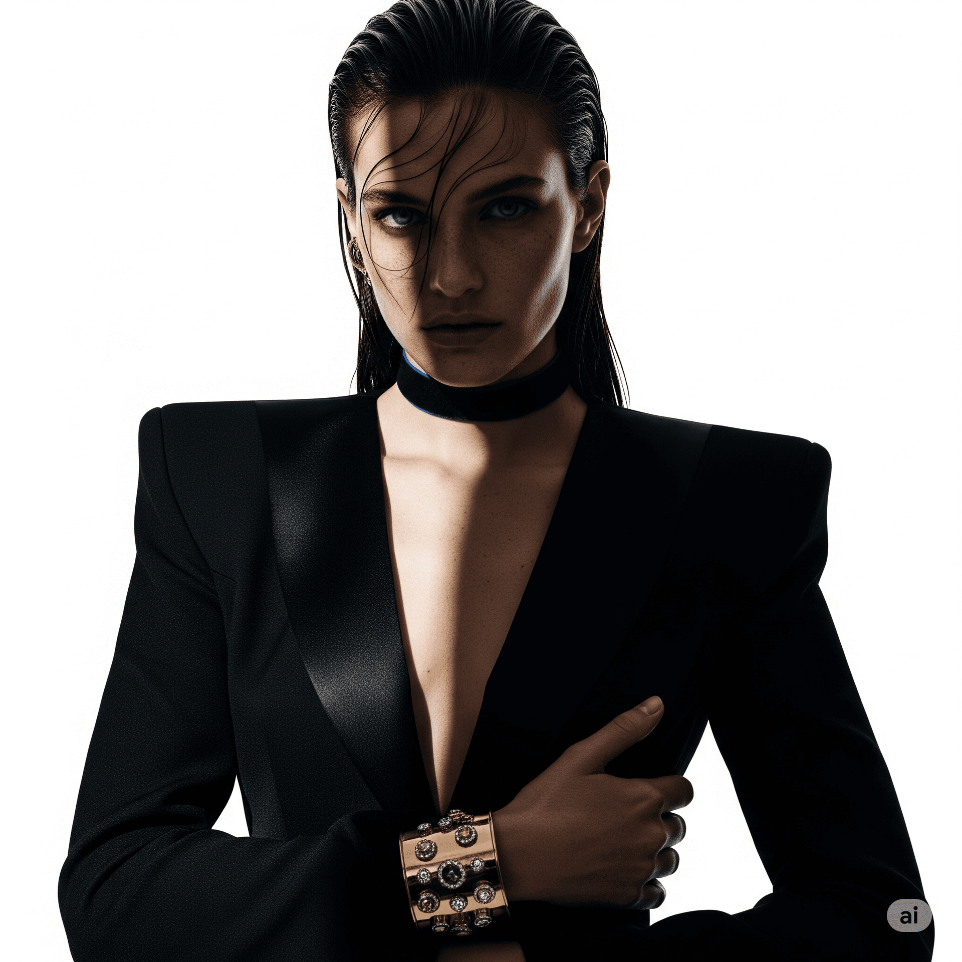 AI generated: A high-fashion, cinematic studio portrait of a serious-looking woman with wet, slicked-back hair. Sh...