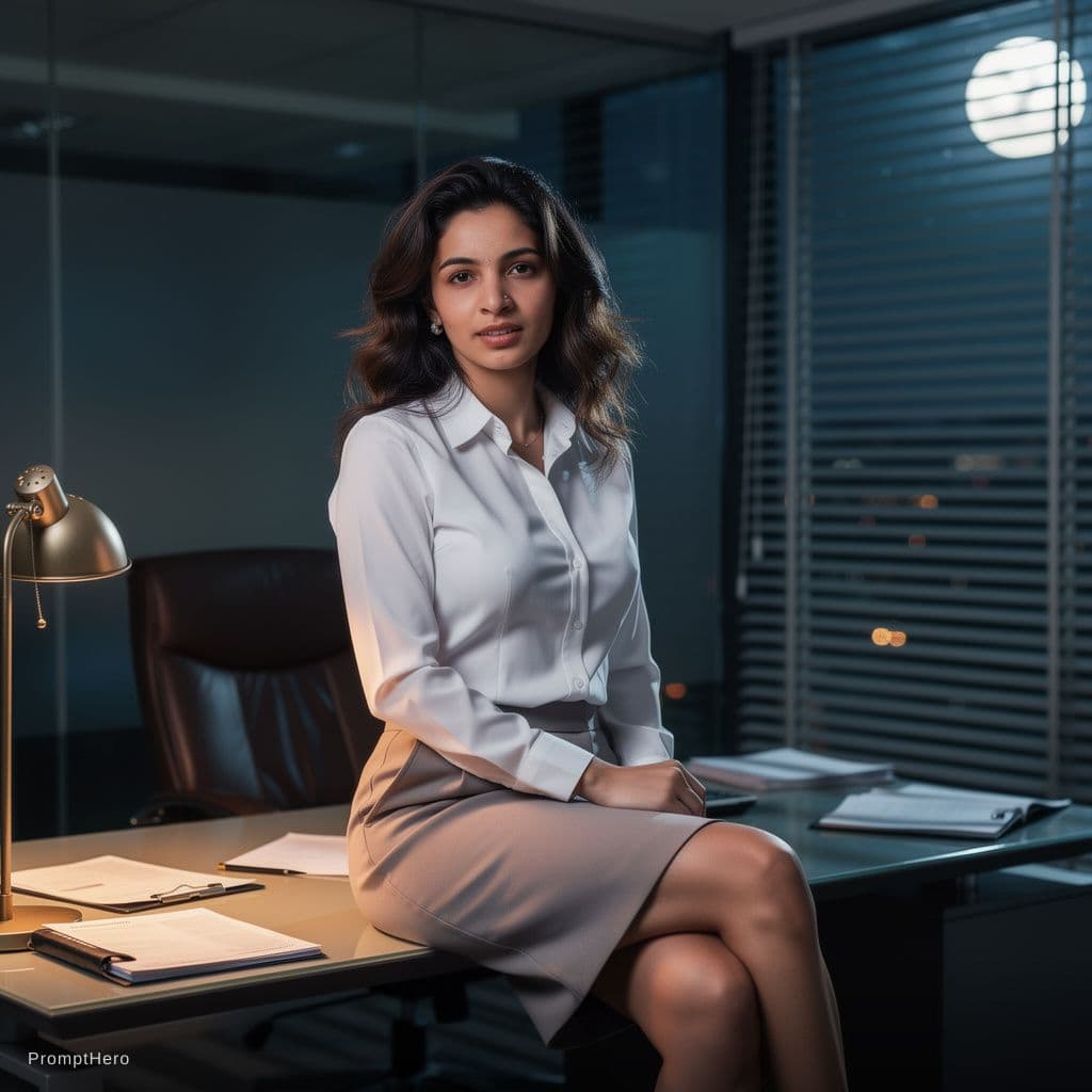 AI generated: Convert this image into A raw, seductive moment of a woman perched on the edge of a sleek office des...