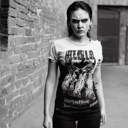 AI generated: Photo of Helena from HellOnEarth with angry face, using Death t-shirt 