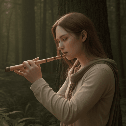 AI generated: an average looking, DnD human, in a forest, plaing a wooden piccolo flute, cinematic light, 4k, phot...
