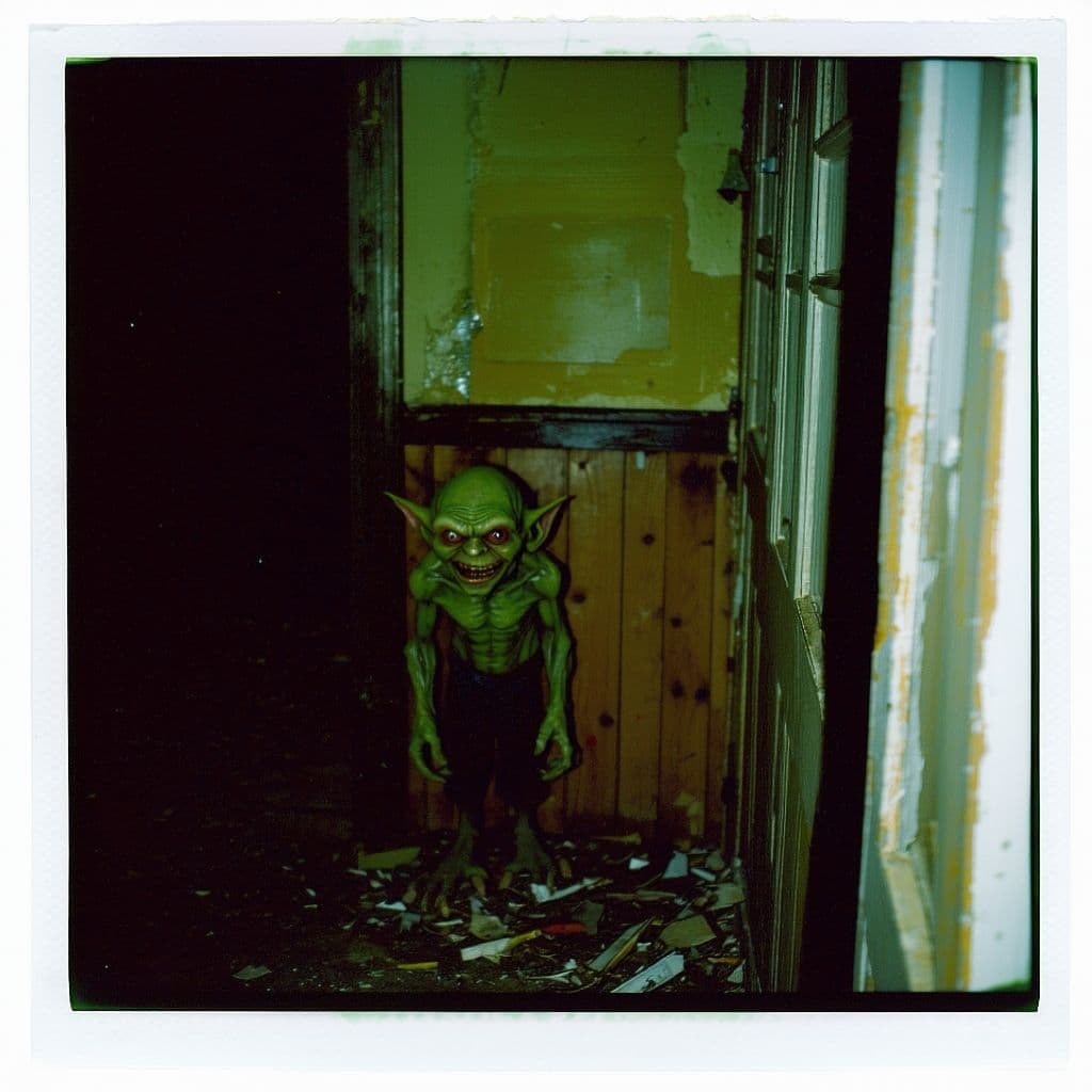 AI generated: grainy 80's photograph quality polaroid of a realistic goblin caught in an abandoned house, dark, un...