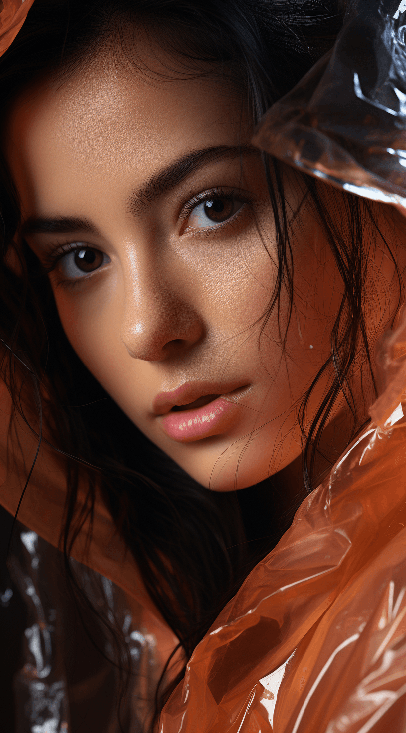 AI generated: an Asian woman, in the style of light amber and pink, blurred imagery, shiny/glossy, melting, drugco...