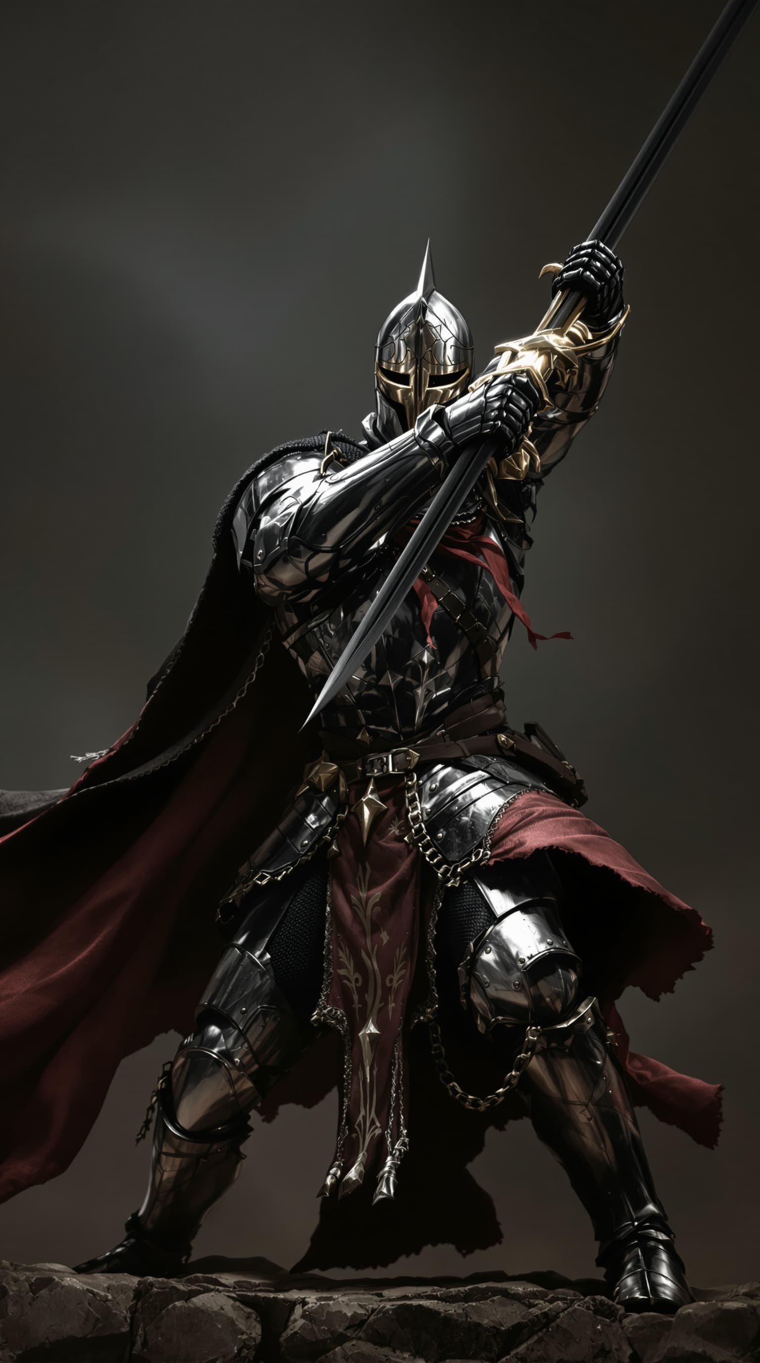 AI generated: Medieval knight, swinging a long sword, full body armor, highly realistic, ultra-detailed --ar 68:12...