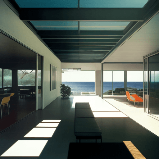 AI generated: Hyper realistic eye level exterior photo of a mid century modern style house overlooking the ocean, ...